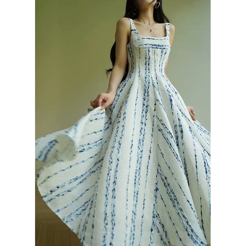 Striped Blue Square Collar High Waist Cotton Spaghetti Strap Dress Sleeveless