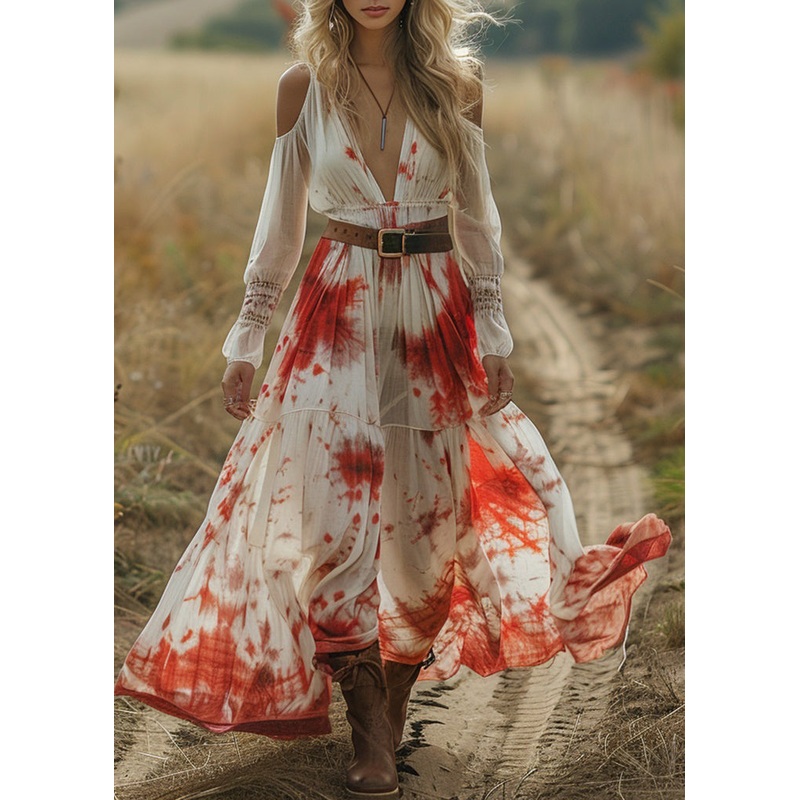 Style Cold Shoulder Print Patchwork Cotton Maxi Dress Spring