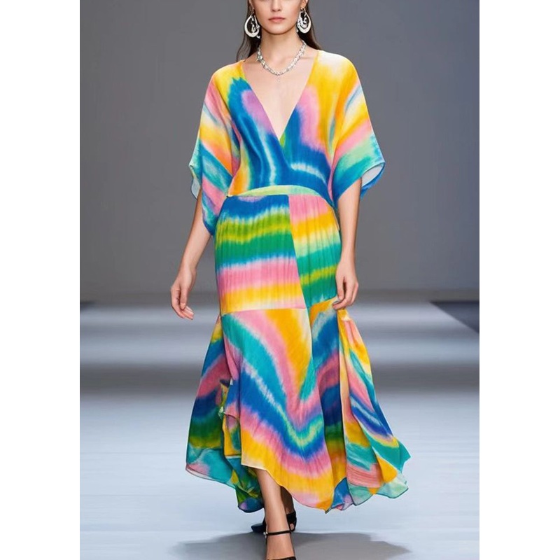 Style Rainbow V Neck Tie Dye Chiffon Ankle Dress Batwing Sleeve