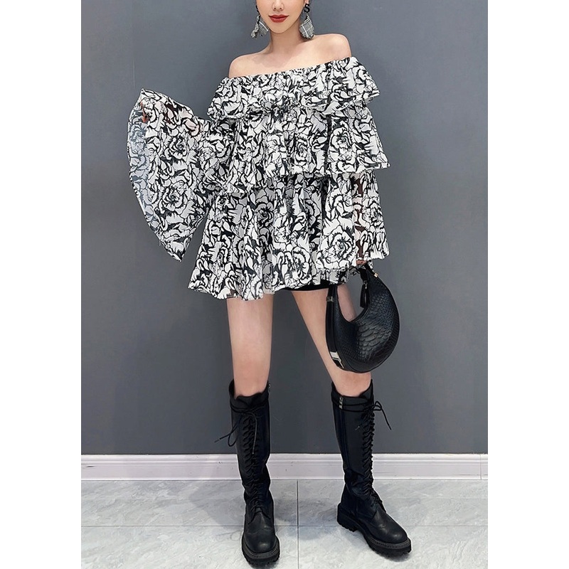 Stylish Black Slash Neck Print Chiffon Blouses Flare Sleeve