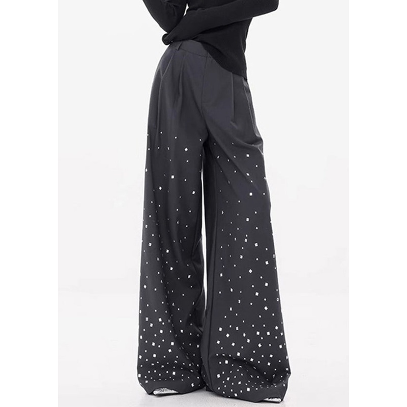 Stylish Dark Gray Zircon High Waist Spandex Wide Leg Pants Fall