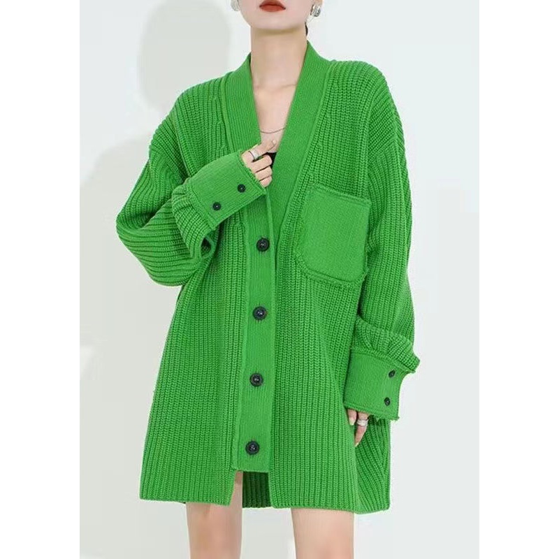 Stylish Green V Neck Button Patchwork Woolen Cardigan Spring