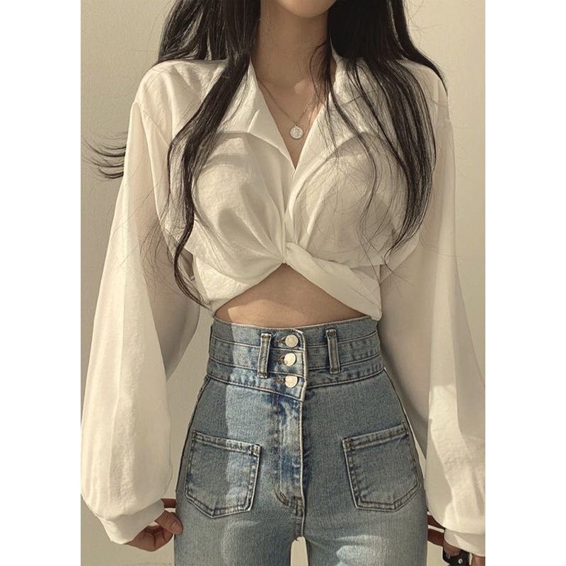 Unique White Peter Pan Collar Solid Shirts Lantern Sleeve