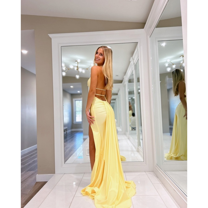 V Neck Slit Yellow Prom Dress Satin Mermaid Formal Party Dress J6213