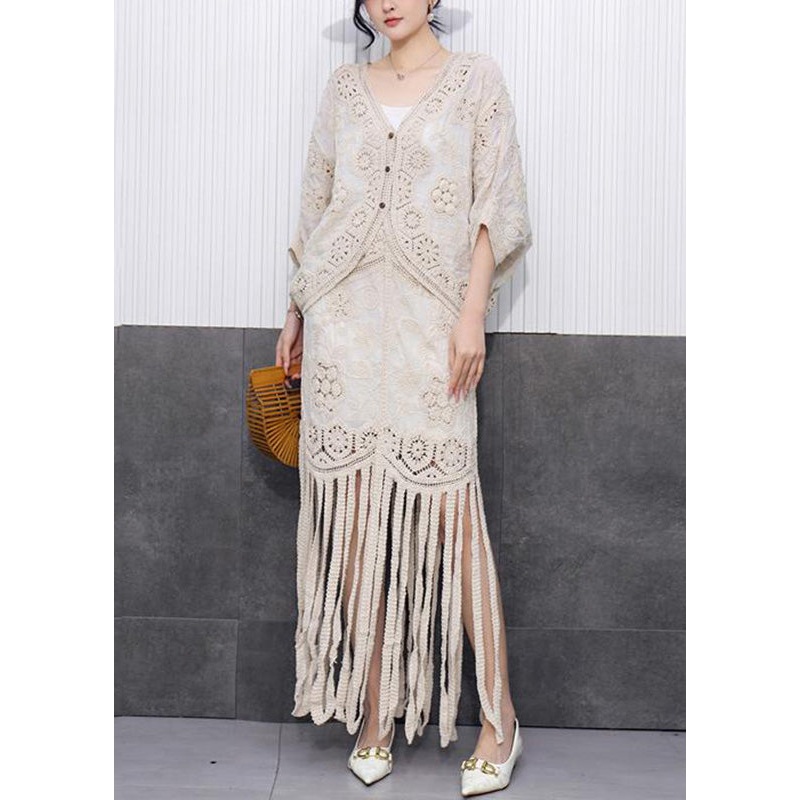Vintage Beige Hollow Out Tassel Knit Cardigans And Maxi Skirts Two Pieces Set Fall