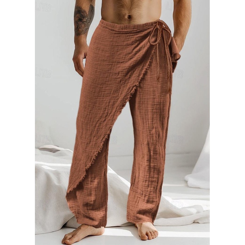 Vintage Caramel Asymmetrical Lace Up Cotton Men Pants Summer