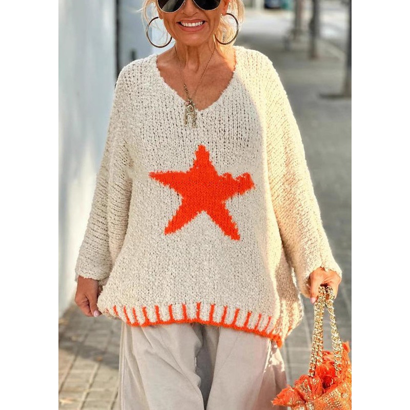 Women Beige V Neck Hollow Out Knit Sweaters Spring