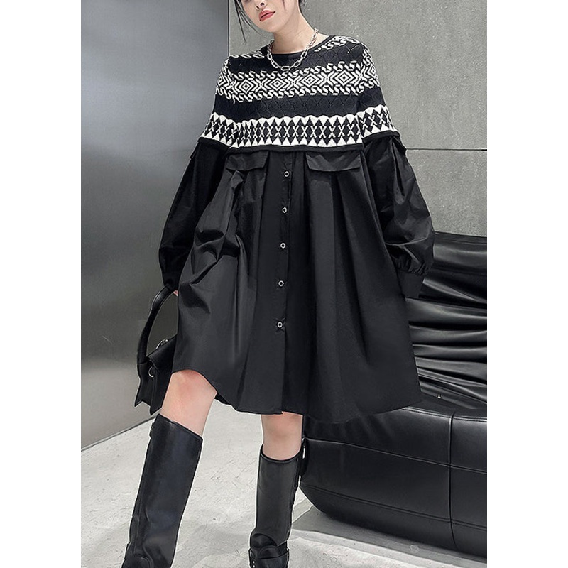 Women Black O Neck Knit Patchwork Cotton Dresses Spring