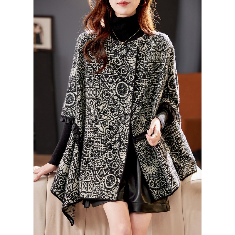 Women Black O Neck Ruffled Jacquard Woolen Coats Batwing Sleeve
