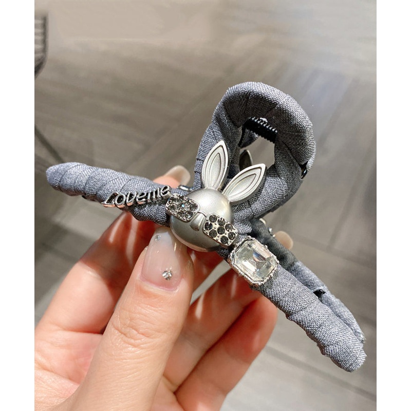 Women Grey Cloth Bow Rabbit Shark Clamp Hairpin