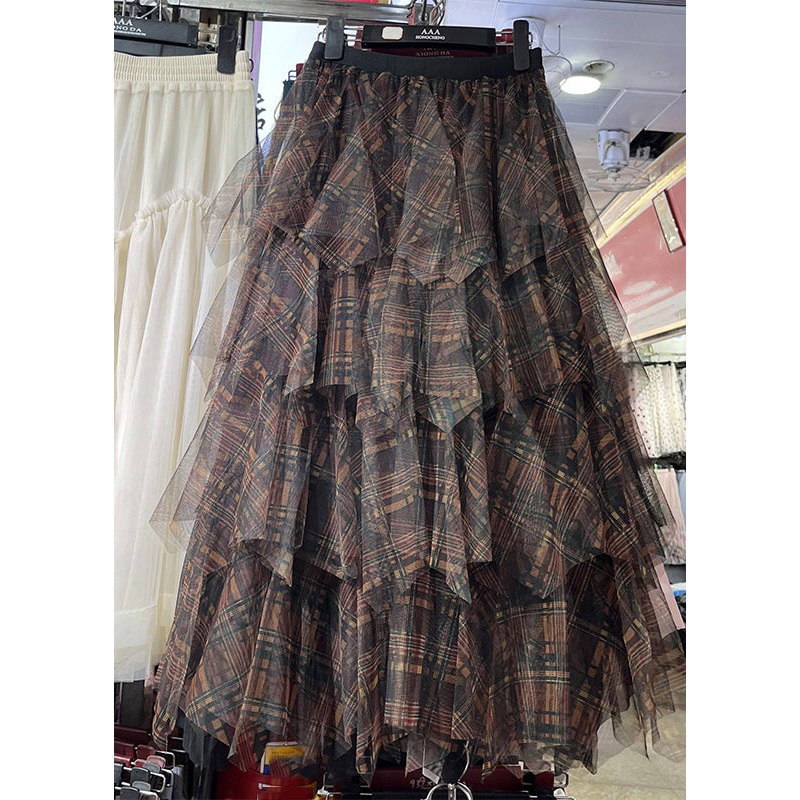 Women Khaki Asymmetrical Plaid Elastic Waist Layered Tulle Maxi Skirts Spring