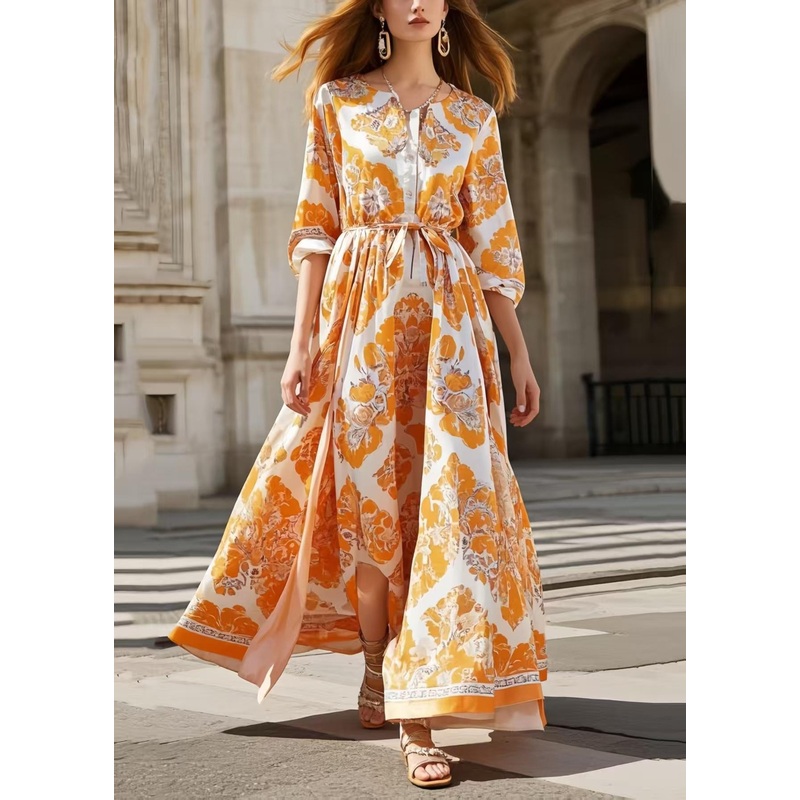 Women Orange Print Exra Large Hem Silk Tunic Dress Spring
