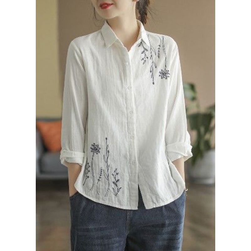Women White Peter Pan Collar Cotton Top Fall