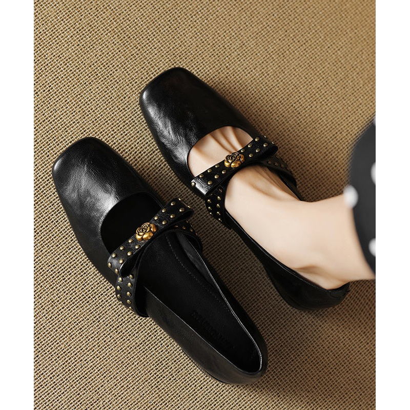 2025 Bow Rivet Splicing Chunky Loafer Shoes Black Sheepskin