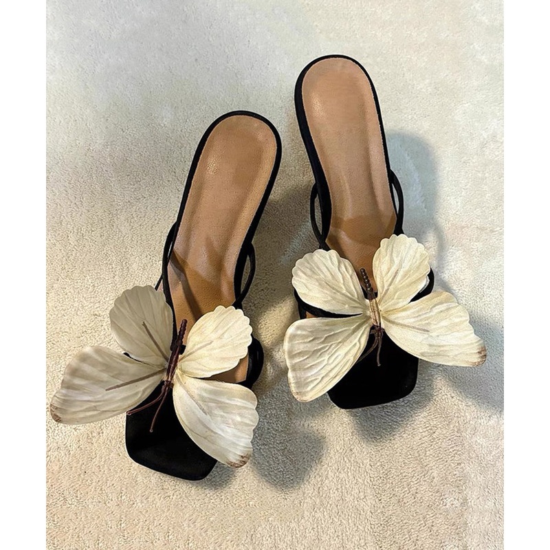 2025 New Bow Flower Square Toe High Heels Slide Sandals