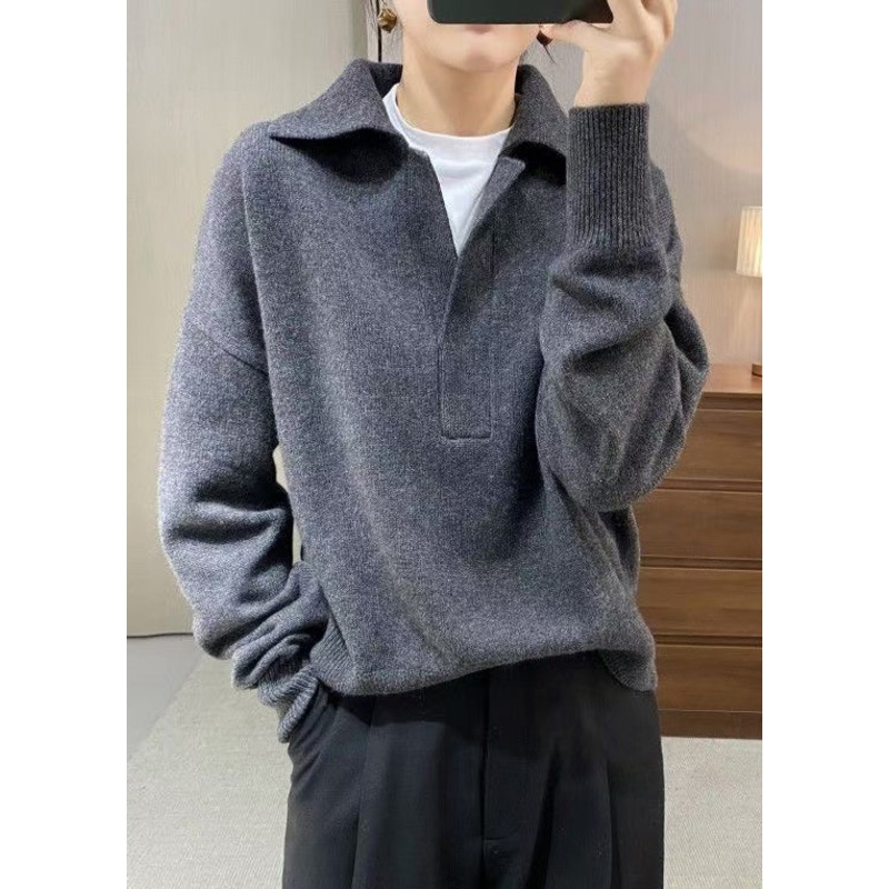 2025 New Grey Peter Pan Collar Knit Sweater Tops Spring