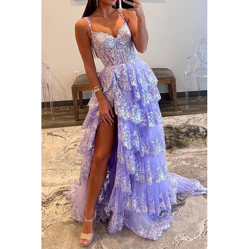 A Line Sweetheart Prom Dress Layered Purple Lace Formal Dress 2136