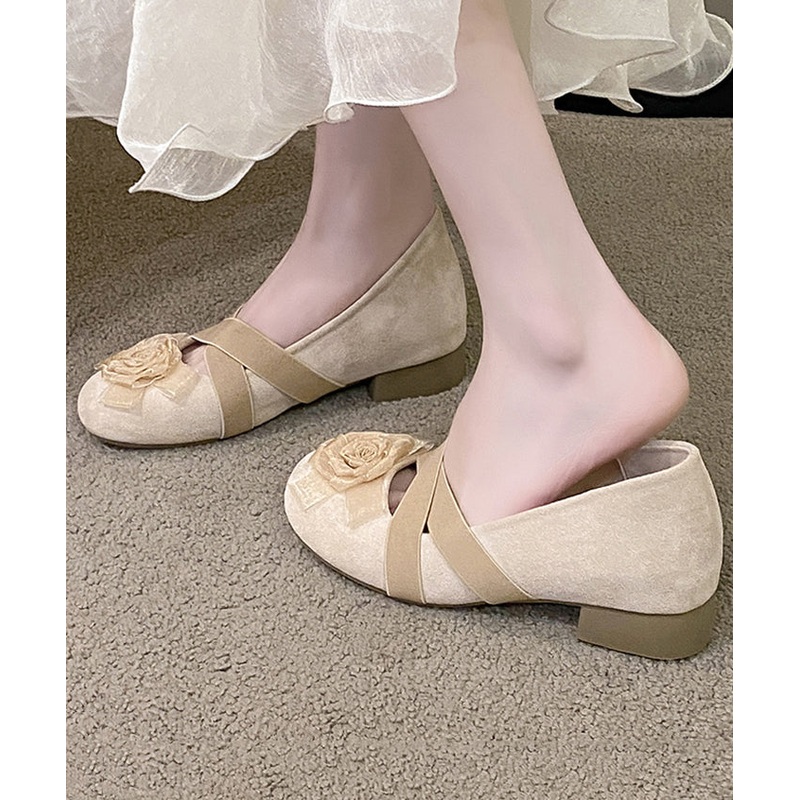 Apricot Cross Strap Floral Splicing Suede Flat Feet Shoes