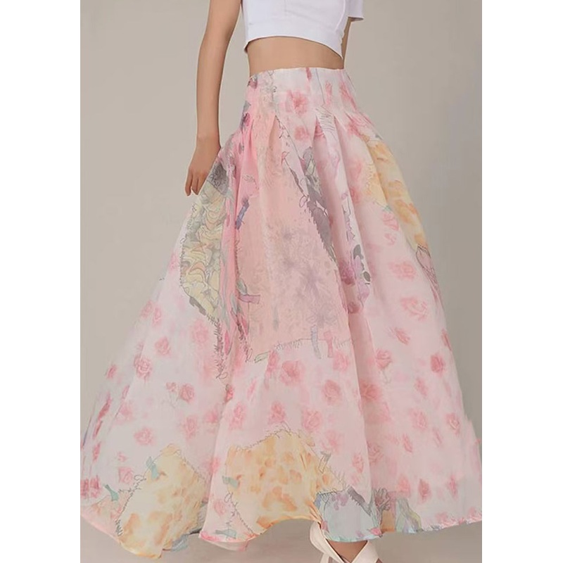 Art Pink Zippered Print High Waist Chiffon Skirts Spring