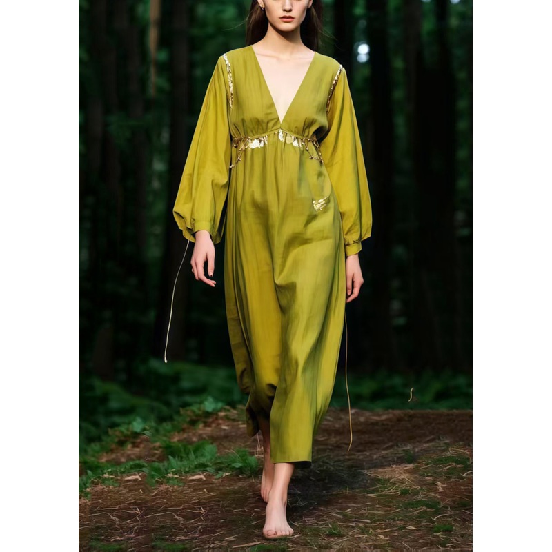 Beautiful Grass Green V Neck Cotton Ankle Dress Spring