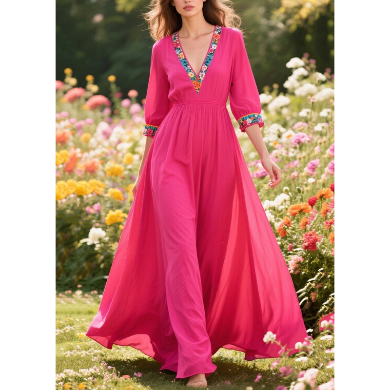 Beautiful Rose V Neck Patchwork Exra Large Hem Cotton Long Dress Summer