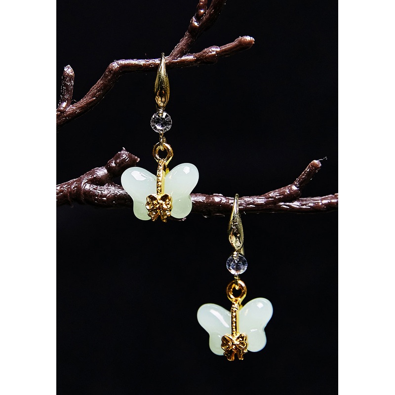 Beautiful White Butterfly Jade Gilding Drop Earrings