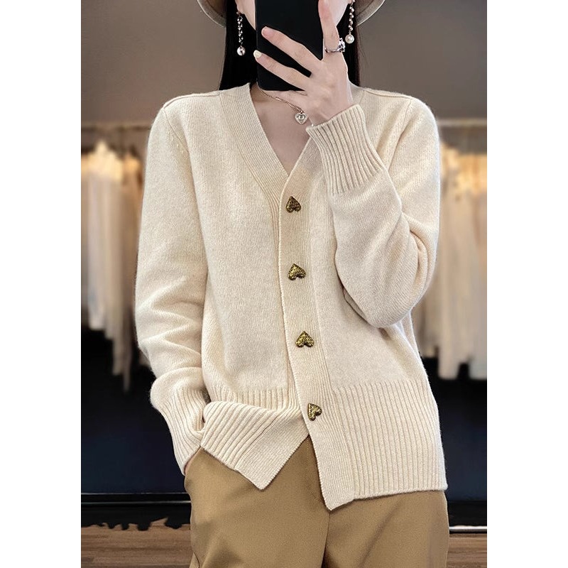 Beige Button Solid Knit Coats V Neck Spring
