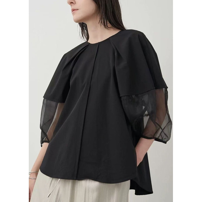 Black Patchwork Organza Shirt Oversized Puff Sleeve