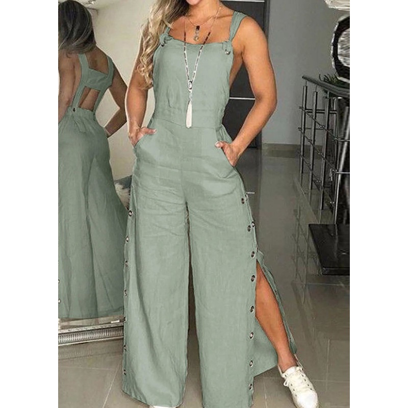 Bohemian Green Backless Patchwork Cotton Jumpsuits Sleeveless