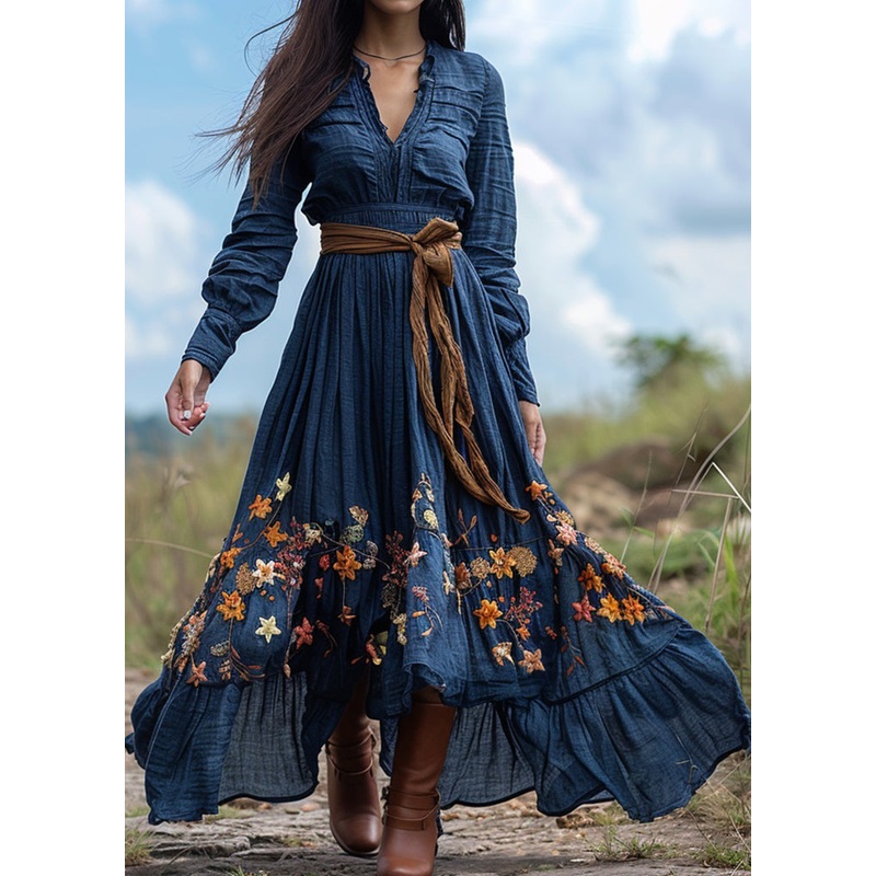 Bohemian Pastoral Blue Print Wrinkled Patchwork Cotton Ankle Dress Spring