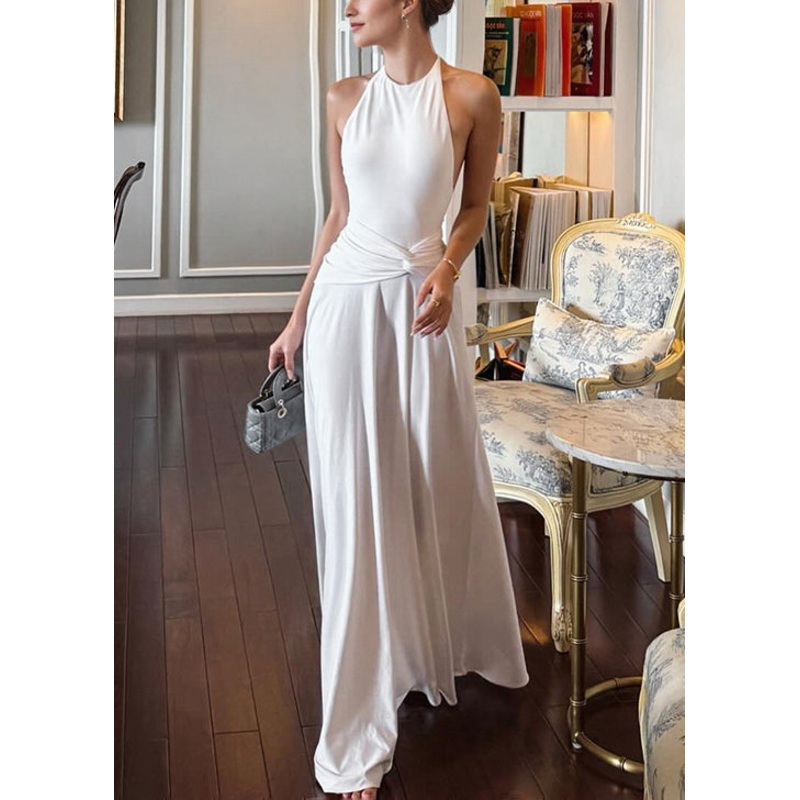 Bohemian White Backless Wrinkled Lace Up Cotton Long Dress Sleeveless