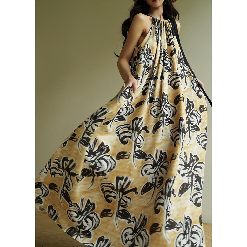 Bohemian Yellow Cold Shoulder Print Wrinkled Long Spaghetti Strap Dresses Sleeveless