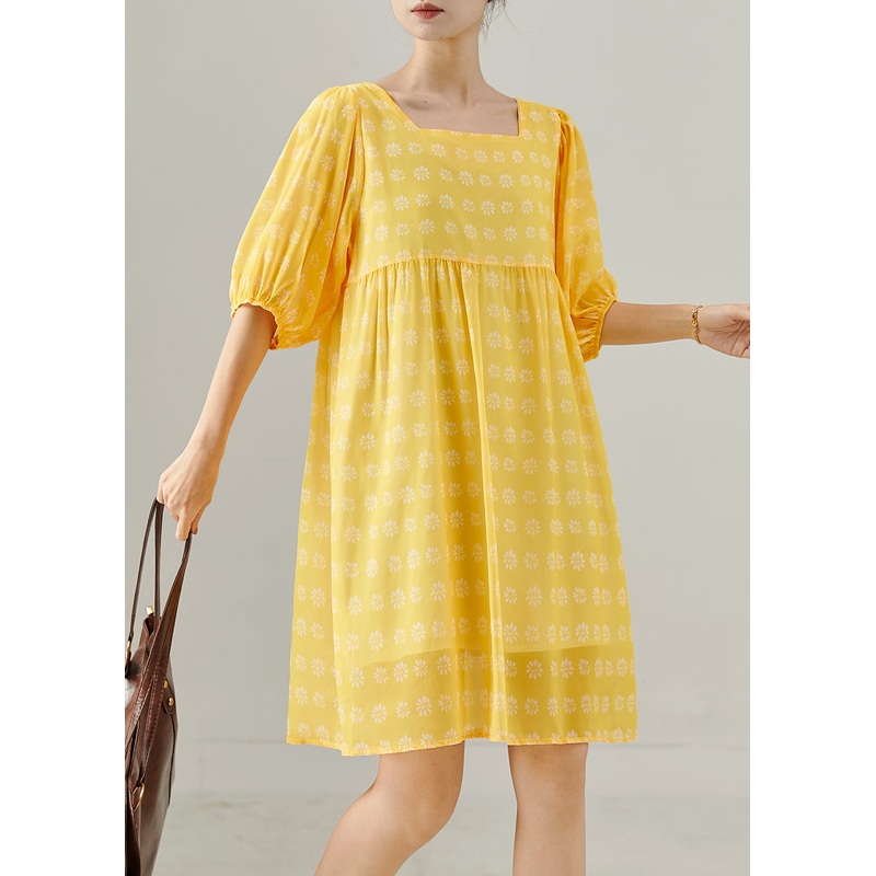 Bohemian Yellow Square Collar Print Cotton Tea Dress Summer