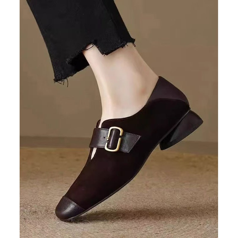 Brown Suede Buckle Strap Splicing Chunky Loafers For Women