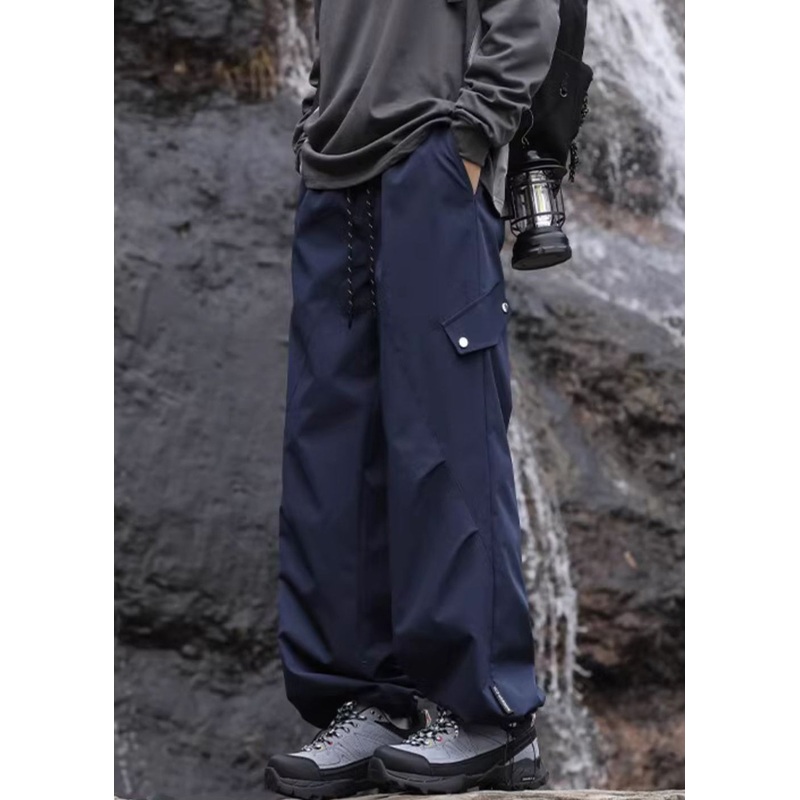 Casual Navy Pockets Lace Up Elastic Waist Cotton Mens Pants Spring