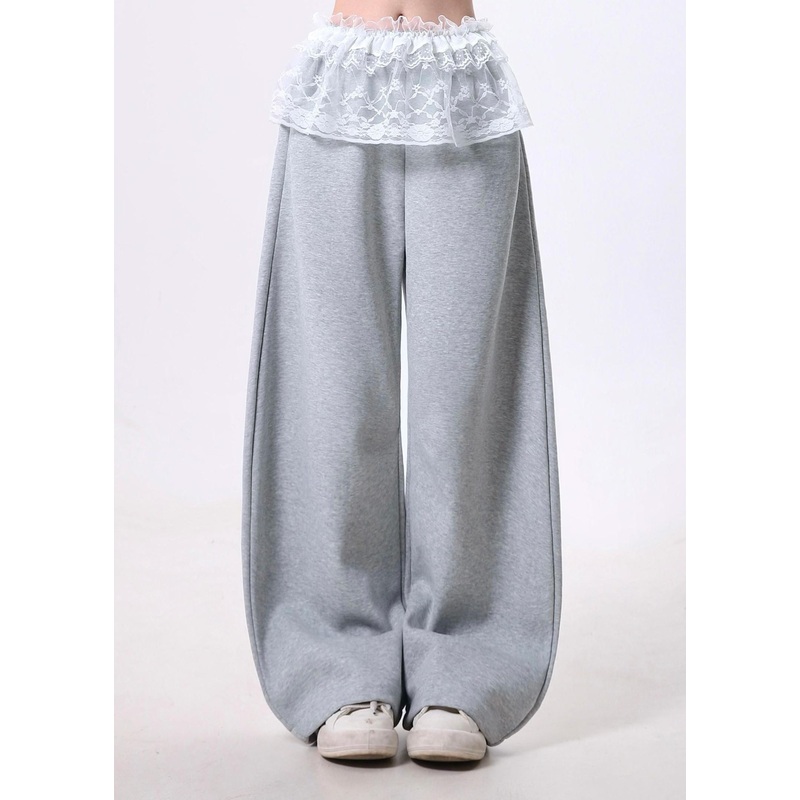 Chic Grey Oversized Patchwork Lace Cotton Wide Leg Pants Spring