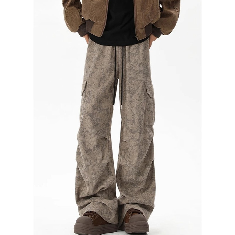 Chic Khaki Tie Dye Pockets Corduroy Men Pants Elastic Waist Spring
