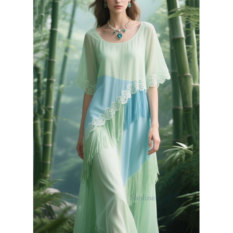 Chic Light Green Tasseled Patchwork Lace Tulle Long Dresses Summer