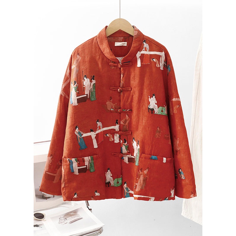 Chic Orange Print Pockets Fine Cotton Filled Oriental Coats Winter