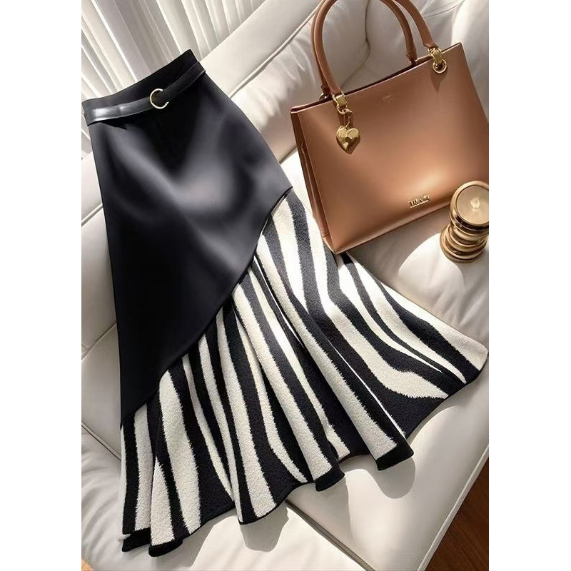 Classy Black High Waist Zebra Pattern Patchwork Cotton Skirts Spring