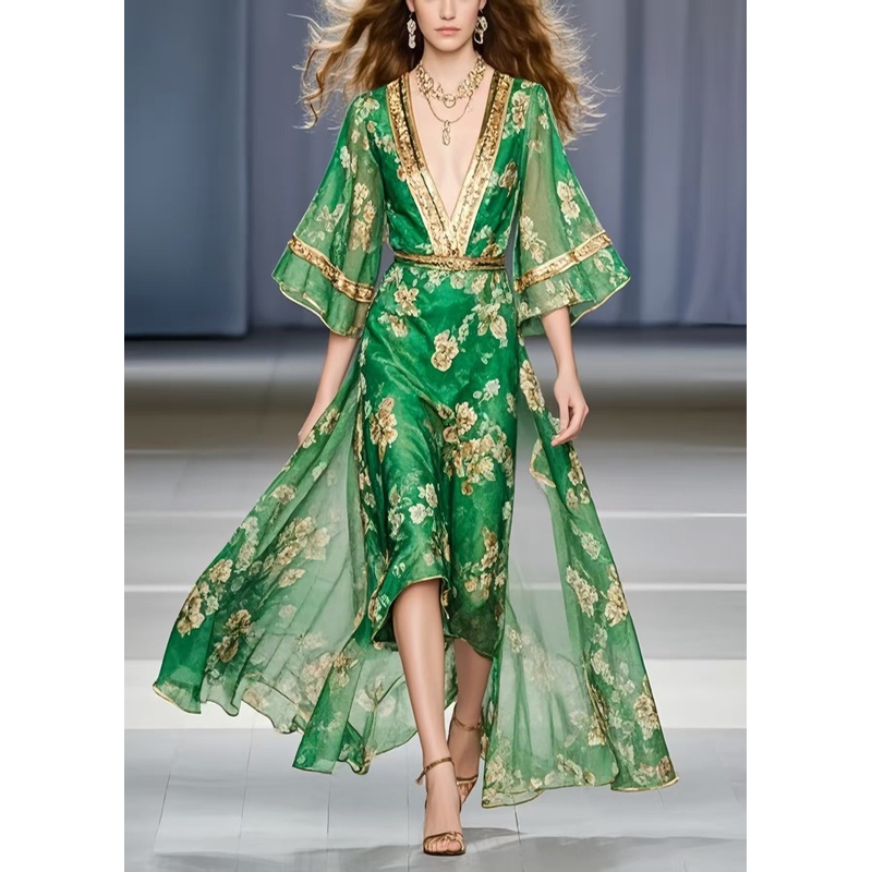 Classy Green V Neck Print Chiffon Vacation Dress Summer