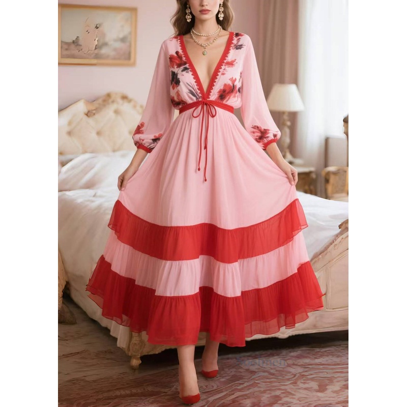Classy Pink V Neck Patchwork Chiffon Dress Summer