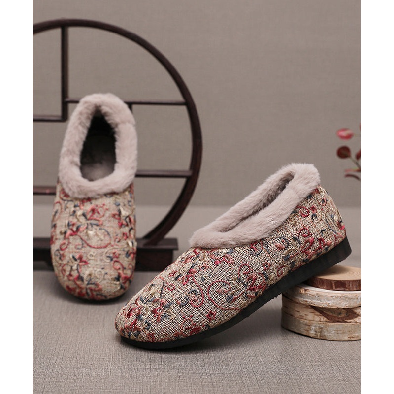 Comfy Beige Embroidery Splicing Flats Fuzzy Wool Lined