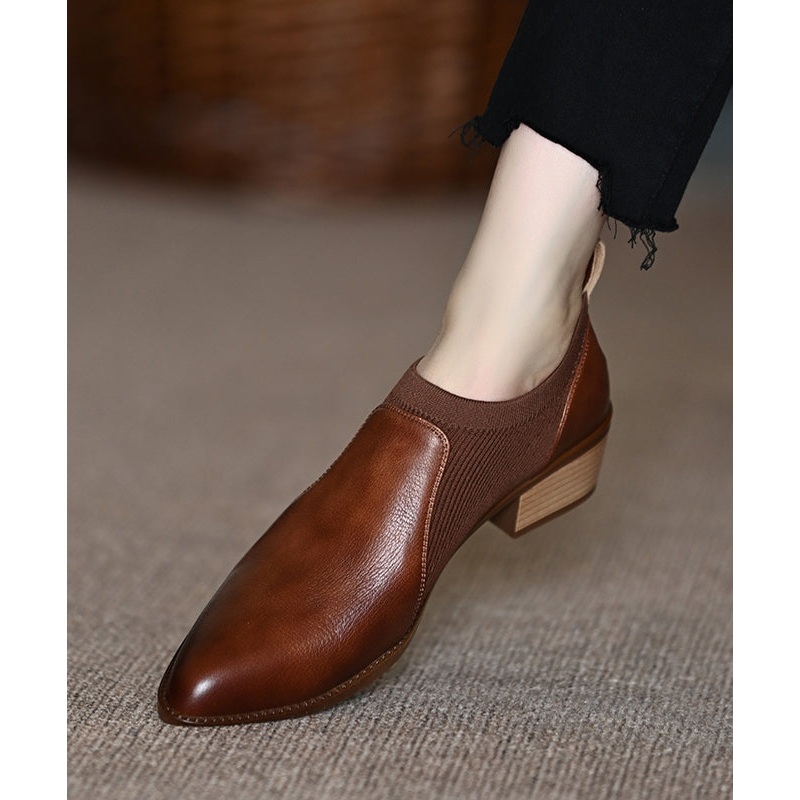 Cowhide Leather Splicing Brown Penny Loafers Pointed Toe