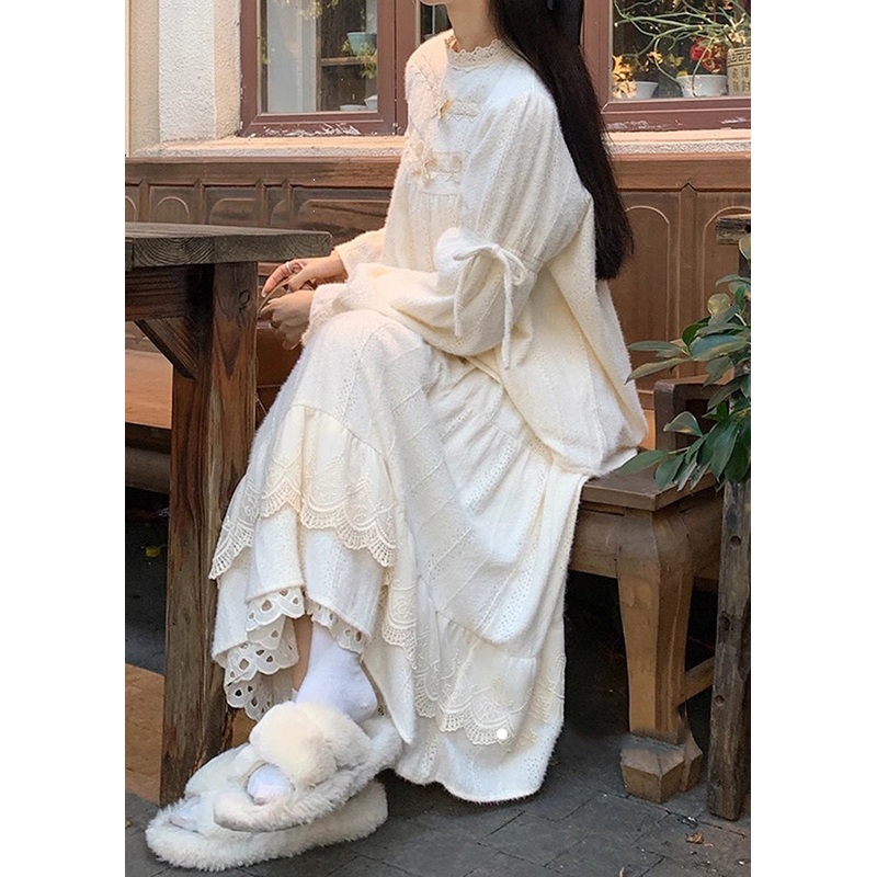 Cute Beige Lace Patchwork Tops And Skirts Cotton Two Pieces Set Spring