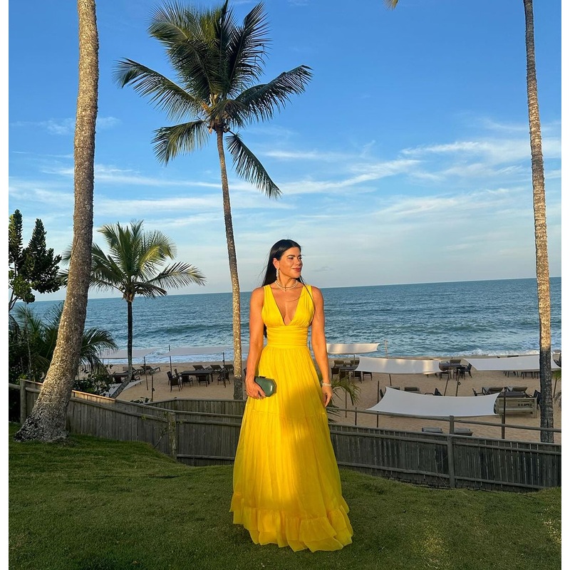 Deep V Neck Yellow Long Prom Dress A Line Wedding Guest Dress J4852
