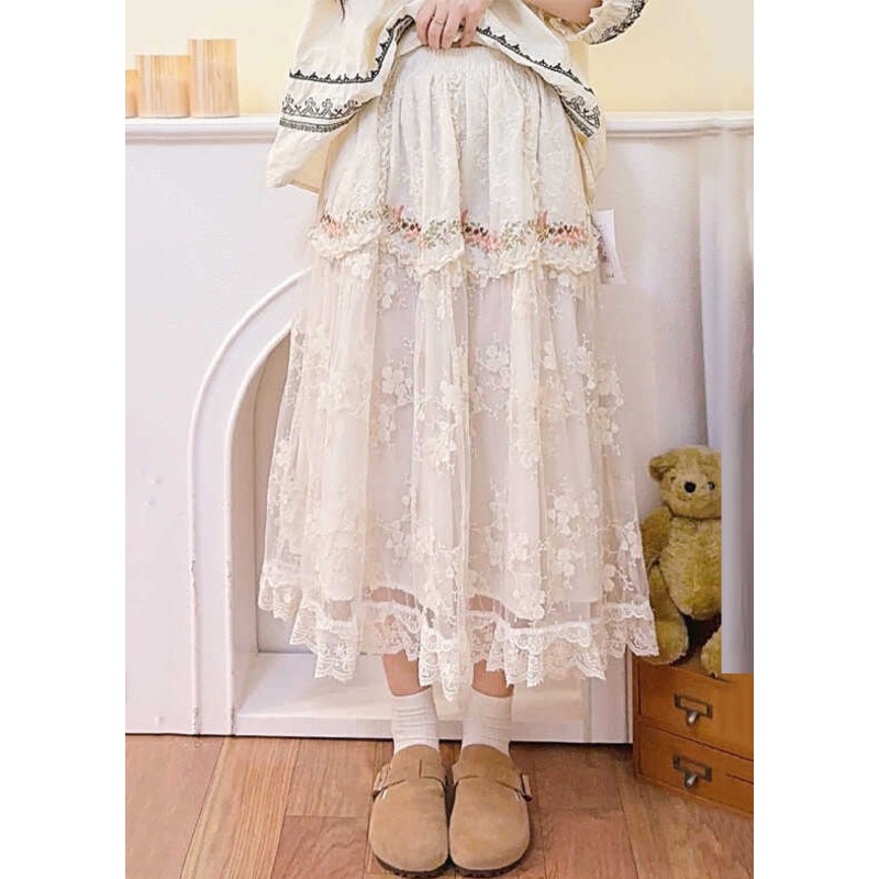 Elegant Beige Embroidered Elastic Waist Patchwork Tulle Skirt Spring