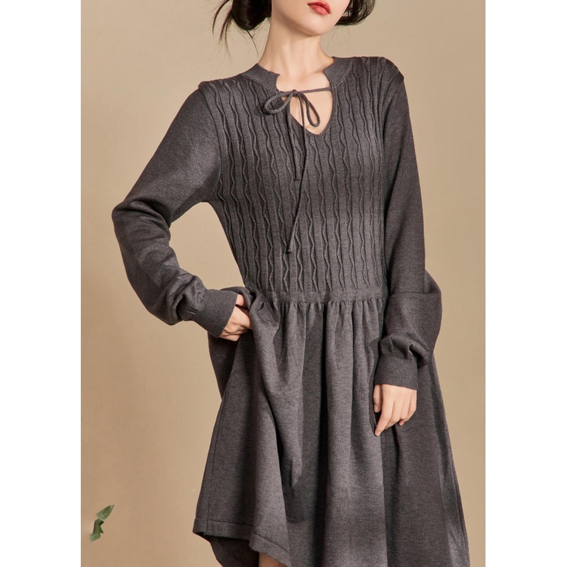 Elegant Grey Lace Up Solid Knit Dresses Spring