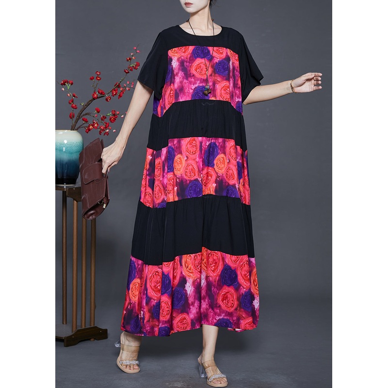 Fashion Black Oversized Patchwork Chiffon Maxi Dress Summer