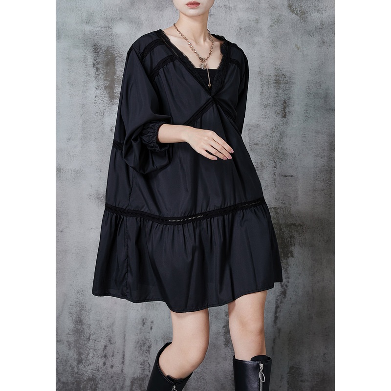 Fashion Black Oversized Patchwork Cotton Work Dress Fall